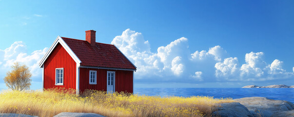 Red wooden house or cottage near the sea in Sweden on a sunny summer day