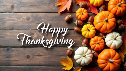 Classic wishing happy thanksgiving mockup with a wooden backdrop and seasonal decor.