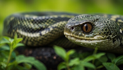 Obraz premium Close up a green snake with blurry nature background. Generative AI