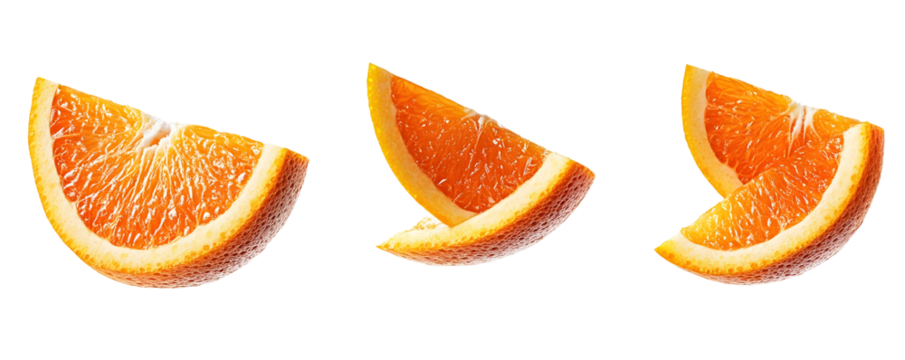 Three Orange Slices Falling in a Row on a Transparent Background