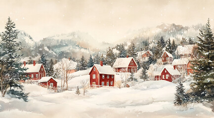A snow-covered village nestled in the mountains on a winter day. The red houses are covered in fresh snow, and the trees are laden with ice