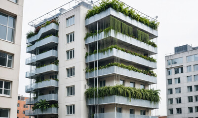 A modern apartment building with balconies filled with greenery in an urban area