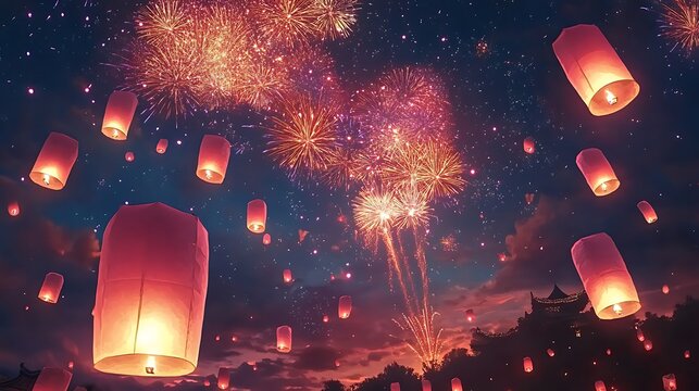 Magical anime sky with floating lanterns and colorful fireworks