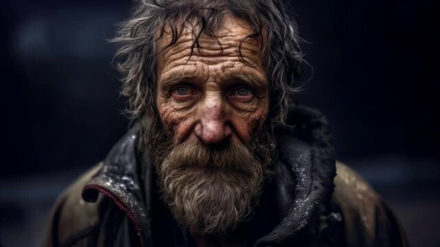 Lonely old homeless man with beard in winter rain, emotional look sad eyes, close-up portrait