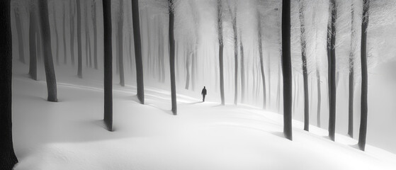 A minimalist black and white photograph captures a solitary figure walking through a snow-covered forest with perfectly aligned tree trunks through the misty atmosphere. Generative AI.