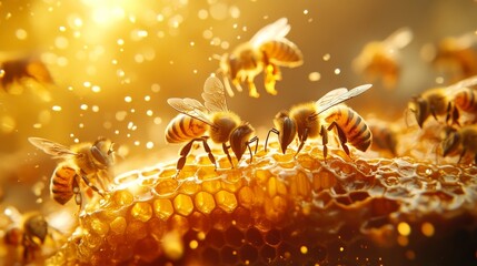 Fototapeta premium A group of bees are flying around a honeycomb