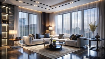 Fototapeta premium Elegant Modern Living Room Featuring White Curtains, Recessed Lighting, and Striking Black Wall Decor for Stylish Home Interiors