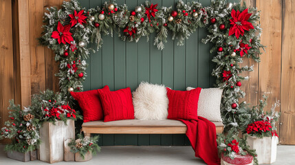 Obraz premium Festive outdoor bench with Christmas garland and red pillows.