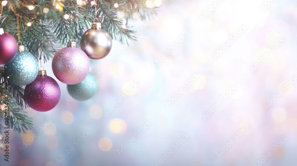 Poster brightly colored christmas ornaments dangle from a beautiful evergreen tree, adding festive cheer am