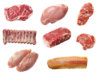 Collection of meat isolated on transparent background. Generative AI