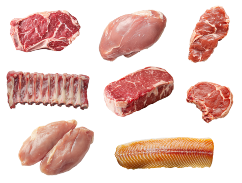 Collection of meat isolated on transparent background. Generative AI