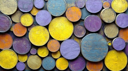 Abstract Colorful Circles on a Textured Background Showcasing Vibrant Yellow, Purple, and Orange Hues in Art with a Dynamic and Engaging Composition Elements for Design Use