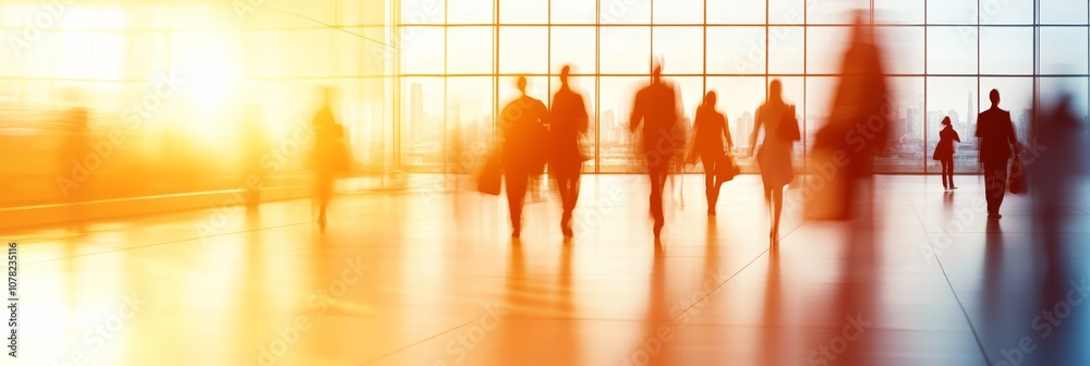 Poster busy airport terminal with blurred figures rushing past large windows flooded with sunlight, embodyi