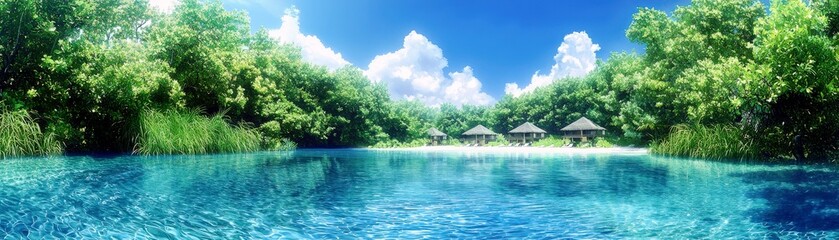 Fototapeta premium Serene Tropical Landscape with Crystal Clear Water Surrounded by Lush Greenery and Vibrant Blue Sky Perfect for Relaxation and Nature Escapes