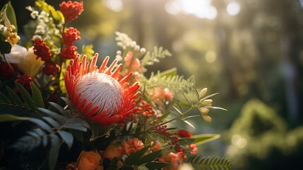 Vibrant tropical flower arrangement with sunlight in botanical garden New Zealand Flowers Week