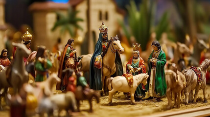 A detailed nativity scene with the three wise men, their camels and horses, and a miniature village in the background.