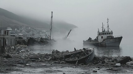 A dilapidated fishing village with wrecked boats and a single boat still intact, shrouded in mist and fog.