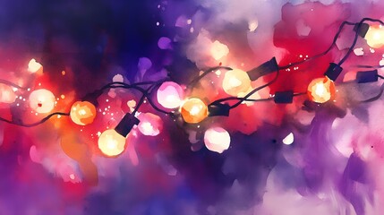 Watercolor Artistic using soft, brushy watercolor strokes, Single object picture - a string of fairy lights casting a warm glow over a festive scene