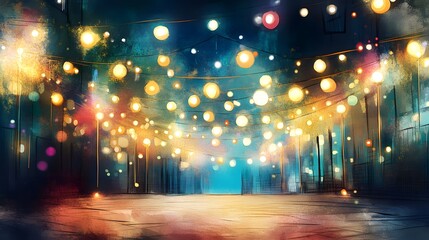 Watercolor Artistic using soft, brushy watercolor strokes, Single object picture - a string of fairy lights casting a warm glow over a festive scene