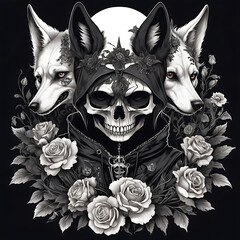 Naklejka premium tattoo art of gothic boy with wolf skull and flowers on white background, created by Generative AI