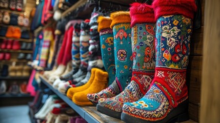 traditional Yakutian fur clothing shop, colorful jackets and boots, handcrafted winter apparel
