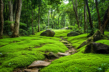 A lush green forest with a path through it. The path is lined with rocks and the grass is very green