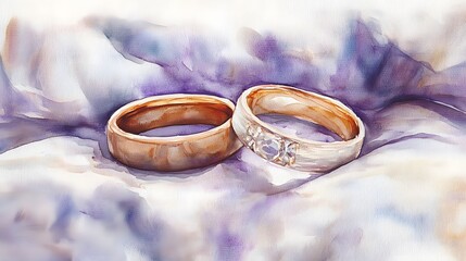 Watercolor Artistic using soft, brushy watercolor strokes, Single object picture - a pair of wedding bands resting together on a satin cushion