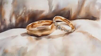 Watercolor Artistic using soft, brushy watercolor strokes, Single object picture - a pair of wedding bands resting together on a satin cushion