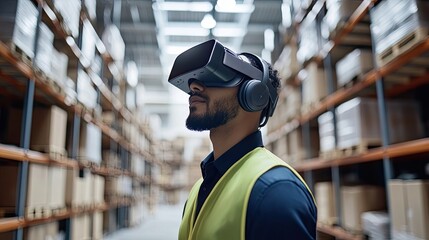 Warehouse Worker Using Virtual Reality Headset