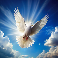 Fototapeta premium White dove flying in a blue sky with radiant sunlight and clouds