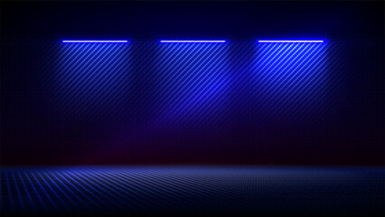 Studio interior with carbon fiber texture. Modern carbon fiber textured blue black interior with light. Background for mounting, product placement. Vector mockup, background, template