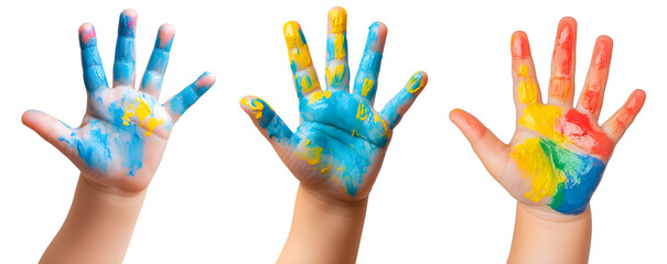 Children's painted hands with vibrant colors for creative artistic expression, Cutout, Isolated on White Background