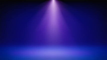 Spotlight blue stage background. Minimalist interior studio room illuminated by purple spotlight. Backdrop for displaying products, presentation, advertising. Showcase. Vector illustration