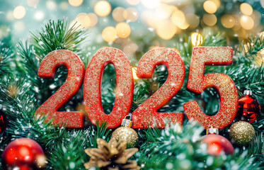 Happy New Year background. Numbers 2025, fir branches and bokeh