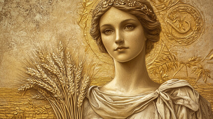 Demeter holding a sheaf of wheat, her expression calm and nurturing, surrounded by golden fields and harvest symbols