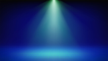 Spotlight blue stage background. Minimalist interior studio room illuminated by green spotlight, grid floor. Backdrop for displaying products presentation, advertising. Showcase. Vector illustration
