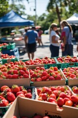 Great American Pie Month Vibrant farmers market with fresh strawberries and community interaction