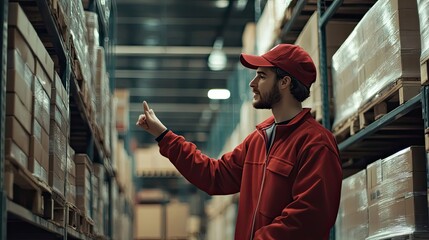 Warehouse Worker Examining Stacked Boxes on Shelf