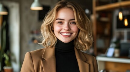 Obraz premium Confident Young Woman Smiling in Modern Cafe Setting