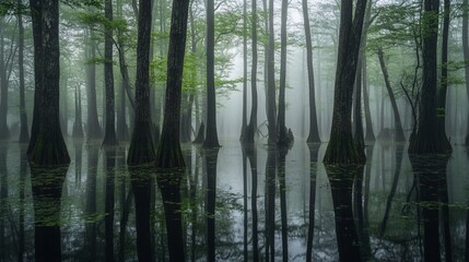 Obraz premium Tall cypress trees stand in a misty swamp, their reflections mirrored in the still water.