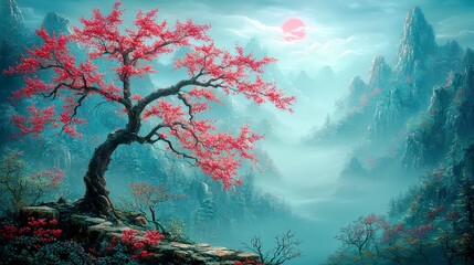 Fototapeta premium Serene Landscape Featuring a Vibrant Pink Tree with Blossoms Overlooking Misty Mountains and a Soft Sunlight in the Background