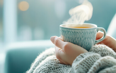 cozy hand holding steaming cup of tea, wrapped in warm sweater, evokes sense of comfort and relaxation. soft background enhances tranquil atmosphere