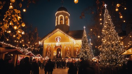 Obraz premium Festive christmas market at night with illuminated church and decorated trees