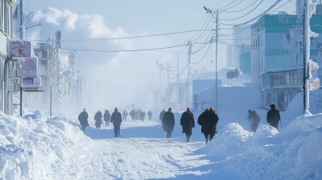 Yakutsk cityscape, buildings under thick snow, people adapting to extreme cold, bustling winter life