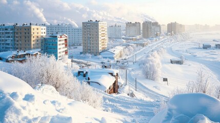 Fototapeta premium Yakutsk cityscape, buildings under thick snow, people adapting to extreme cold, bustling winter life