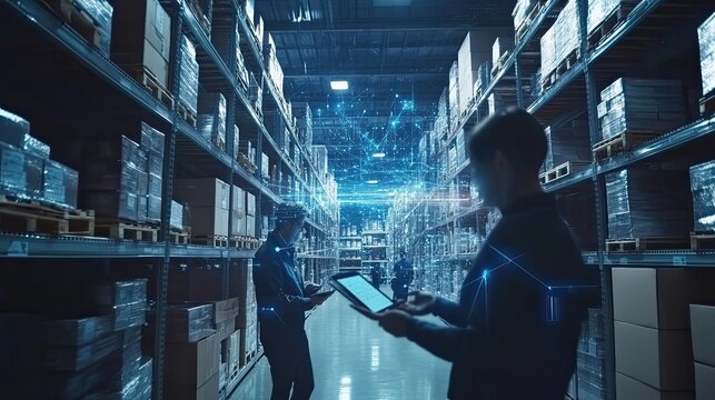 Two Workers Using Tablets In A Modern Warehouse With A Digital Network Overlay
