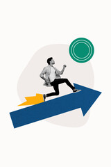Vertical poster collage young man runner leadership direction arrow fast speed ambition reach goal...