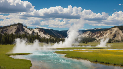 A scenic landscape with a turquoise river, geysers, and steam rising from a valley surrounded by mountains.