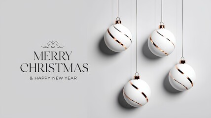 Stylish christmas card with white christmas balls with gold ornaments on a light colored background with the text “Merry Christmas and Happy New Year”.