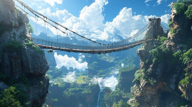 Fototapeta A rustic rope bridge connects two mountain peaks, with a valley and waterfall in the background.